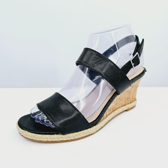 Cole Haan Grand OS Lane Wedges Sandals 7 Black Leather Cork Strappy Ankle Buckle - Picture 1 of 14